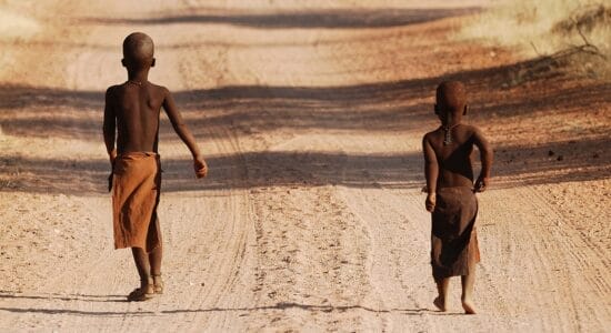 „Zwei Himba-Kinder in traditioneller Kleidung auf einem staubigen Weg in der trockenen Landschaft Namibias – authentische Szene aus dem ländlichen Afrika.“