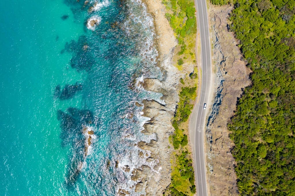Top down aerial view of Great Ocean Road in Australia