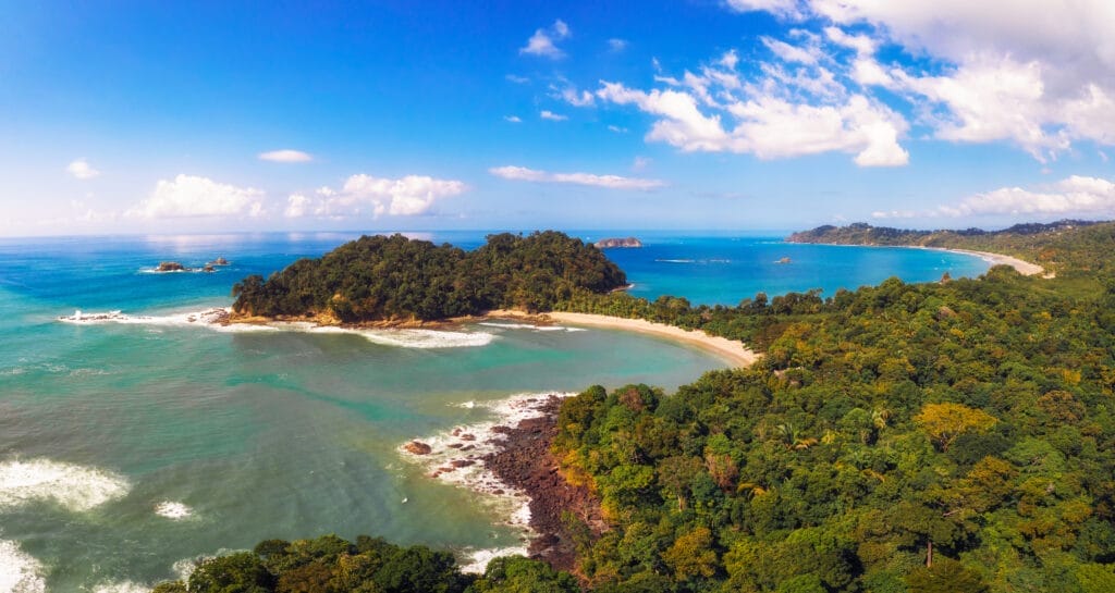 Aerial panorama of a beach located in the Manuel Antonio National Park, Costa Rica