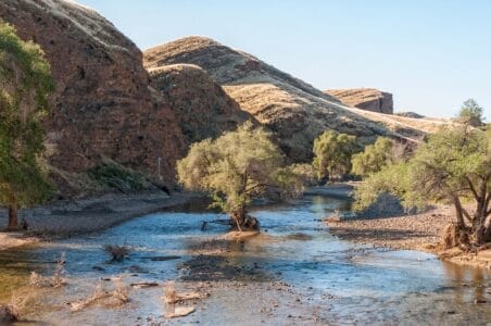 „Kuiseb Canyon in der Namib-Wüste, Namibia – flacher Fluss im Tal mit grünen Bäumen und sanften Hügeln, ideal für Naturreisen und Landschaftsfotografie.“