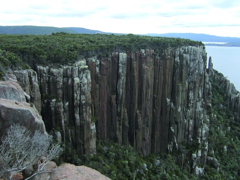 „Hohe Klippen aus senkrechten, säulenartigen Felsformationen erheben sich über dicht bewachsenem Küstenwald, mit Blick auf das Meer und entfernte Hügel unter bewölktem Himmel.“