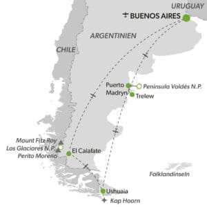 „Reisekarte Südamerika mit Städten und Sehenswürdigkeiten in Argentinien und Chile – inklusive Buenos Aires, Península Valdés, El Calafate, Fitz Roy, Perito Moreno, Ushuaia und Kap Hoorn sowie eingezeichneten Flugrouten.“